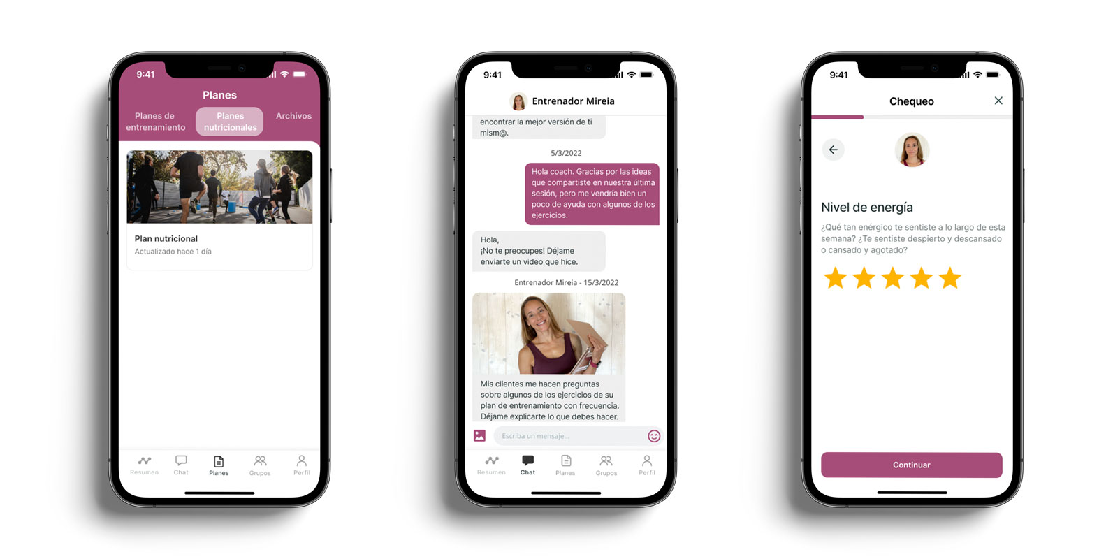 Un mockup de la app de coaching mostrando las funciones.